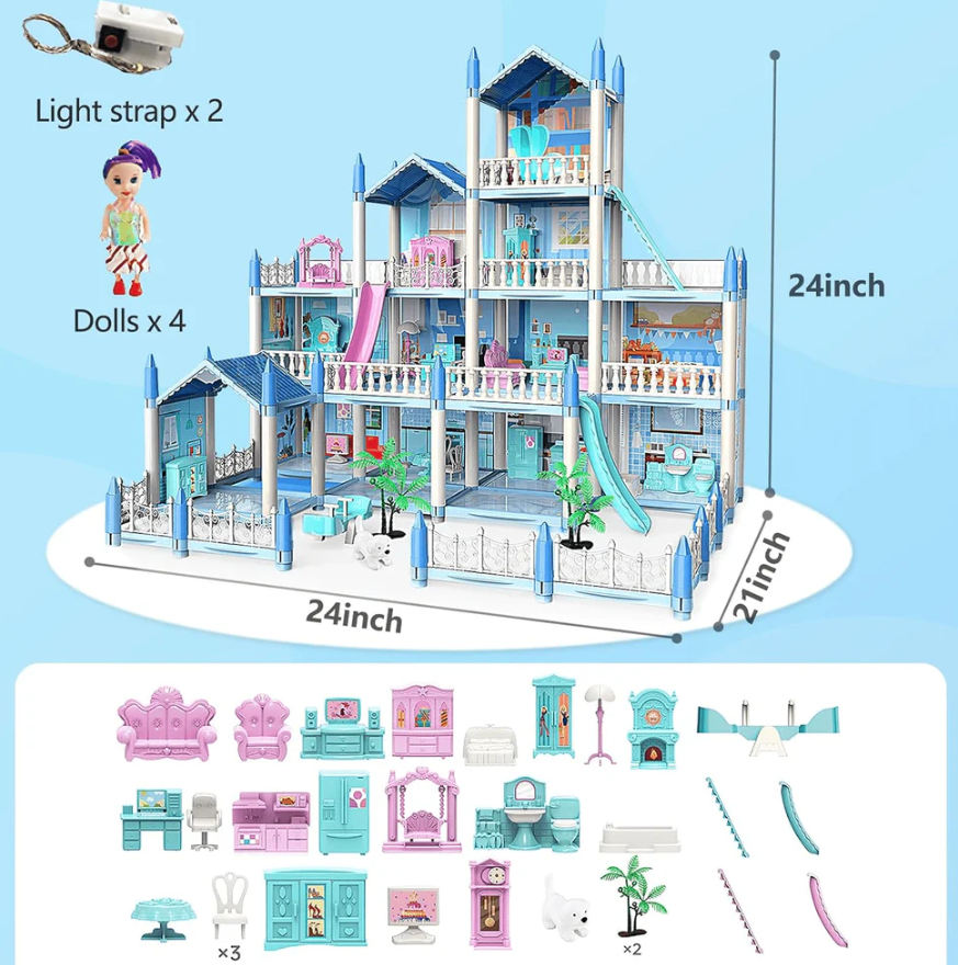 DIY Doll House Villa Set For Kids - Blue Large Size