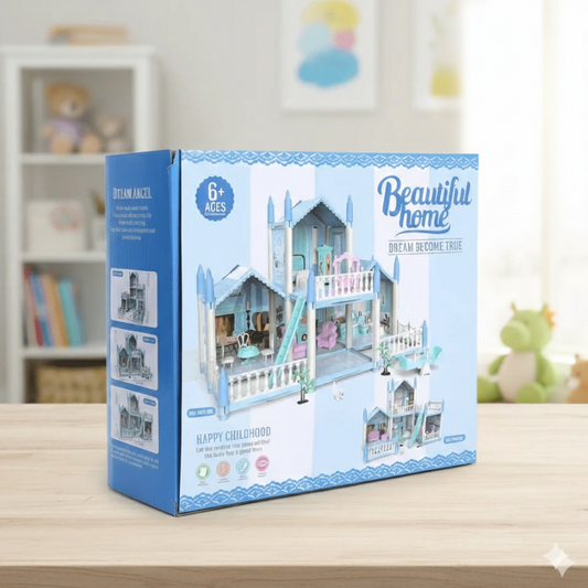 DIY Doll House Villa Set For Kids - Blue Large Size
